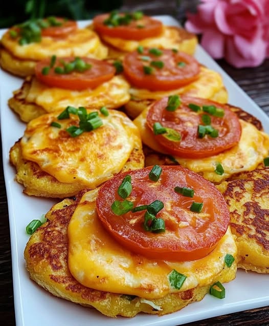 Cheesy Potato Pancakes with Tomato and Green Onions