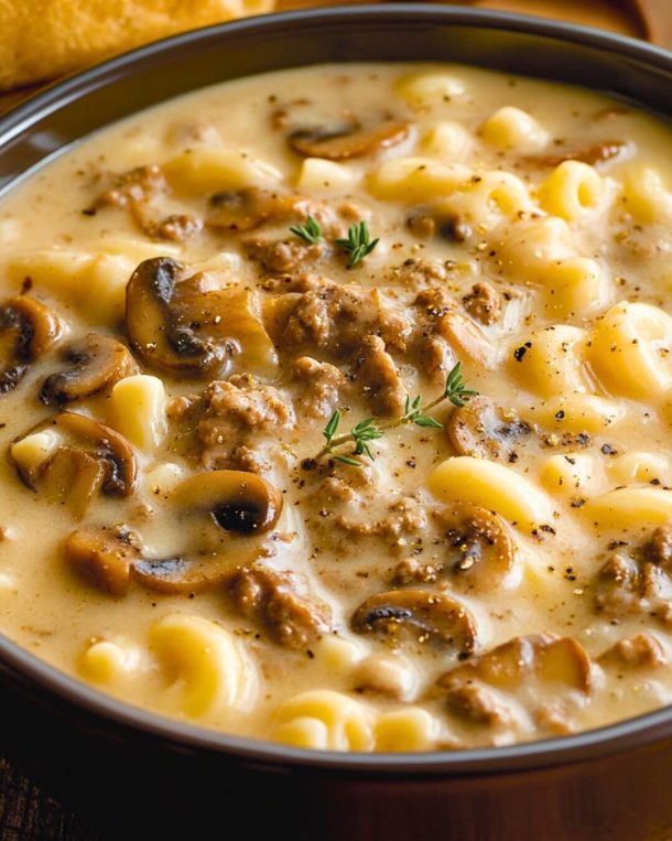 Mushroom & Swiss Macaroni Cheeseburger Soup