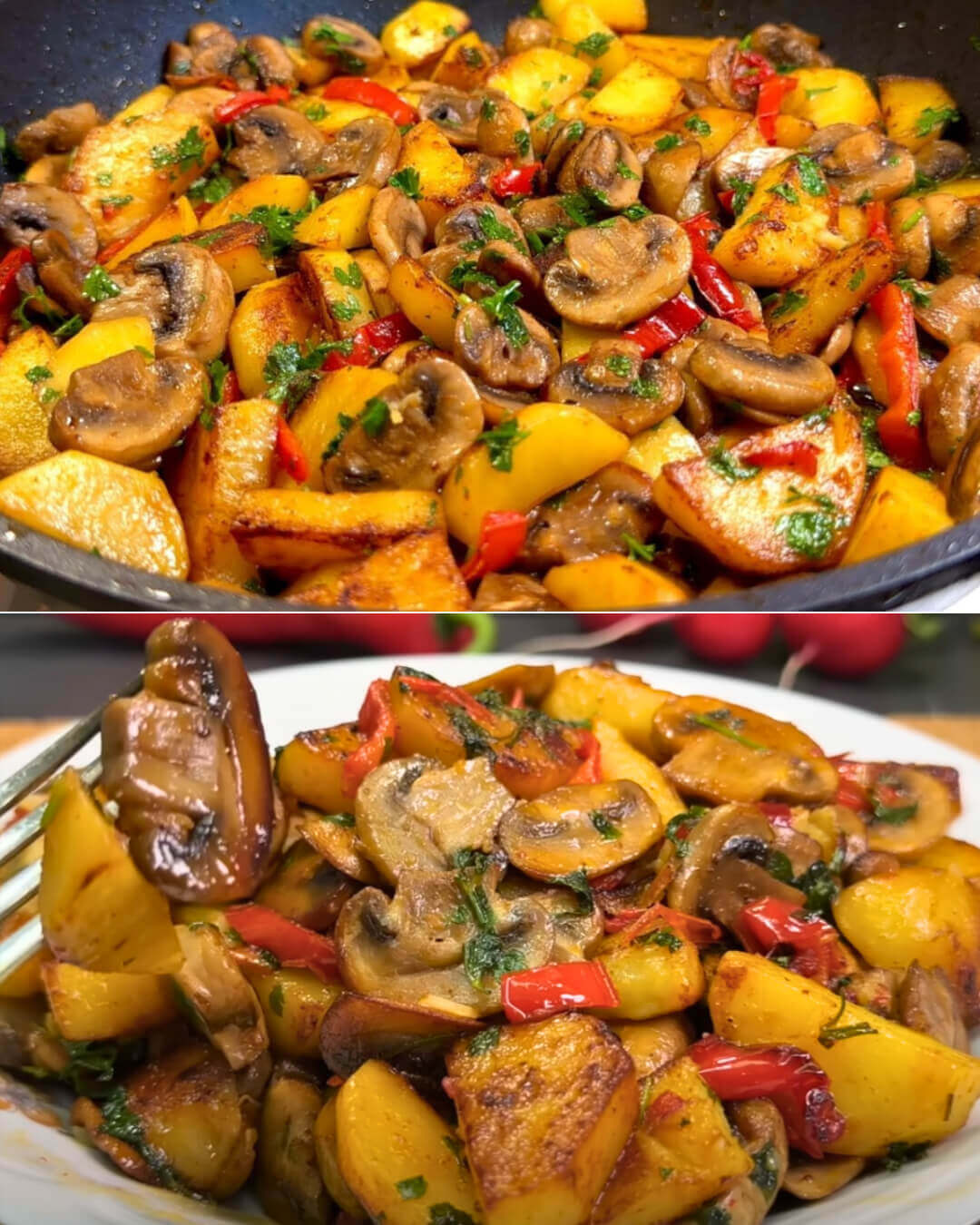 Skillet-Fried Mushrooms and Potatoes with Garlic and Herbs