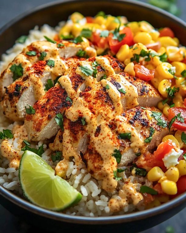 Mexican-Inspired Street Corn Chicken Rice Bowls