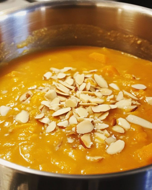 Creamy Sweet Potato and Carrot Soup with Coconut and Almonds