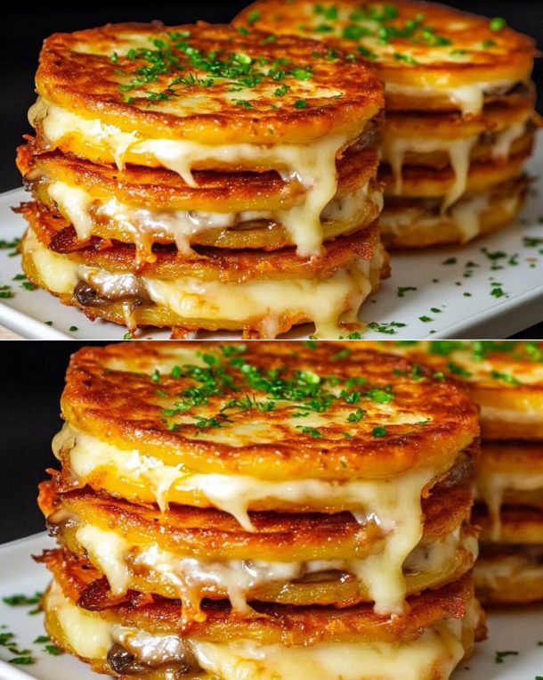 Layered Potato Pancake Stack with Mushroom Filling