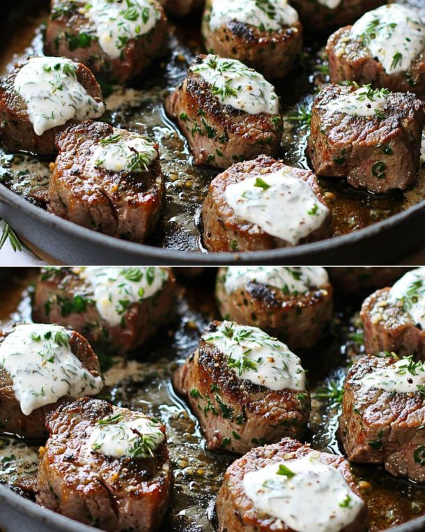 Healthy Garlic Steak Bites with Greek Yogurt Herb Sauce