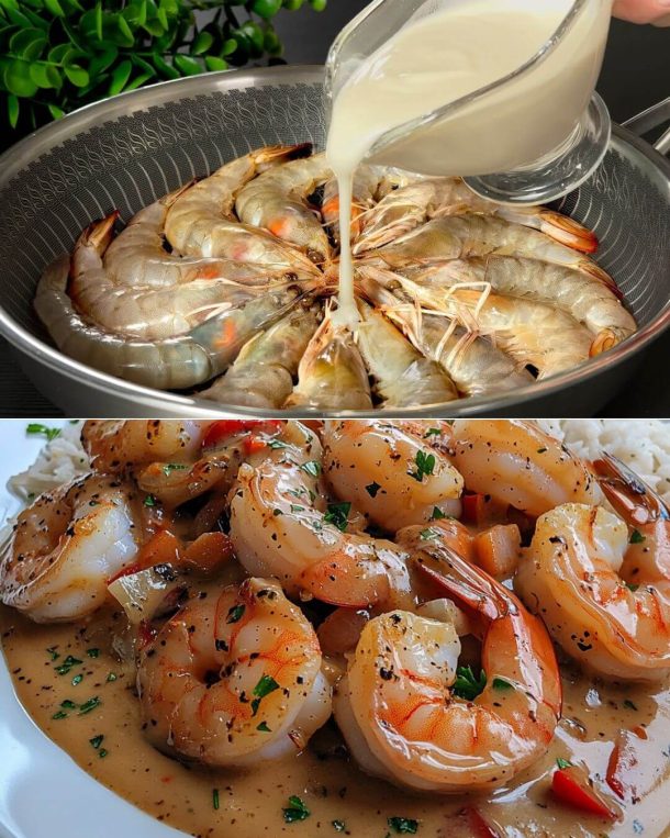 Festive Shrimp with Shell-Infused Rice and Pepper Cream Sauce