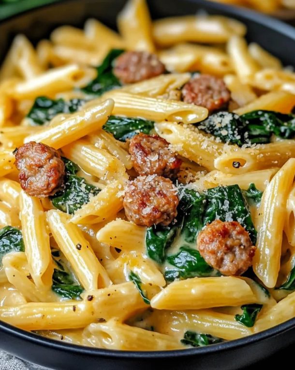 One-Pan Creamy Penne with Spinach and Italian Sausage