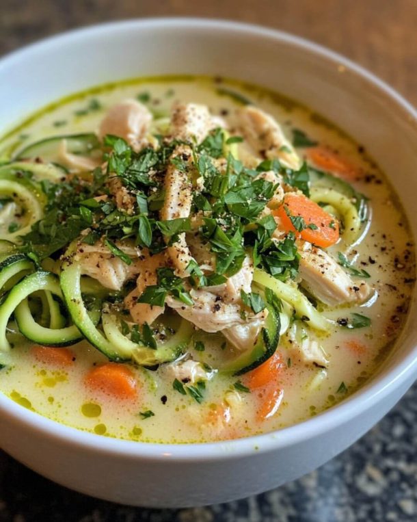 Healthy Greek Yogurt Chicken Zucchini Noodle Soup