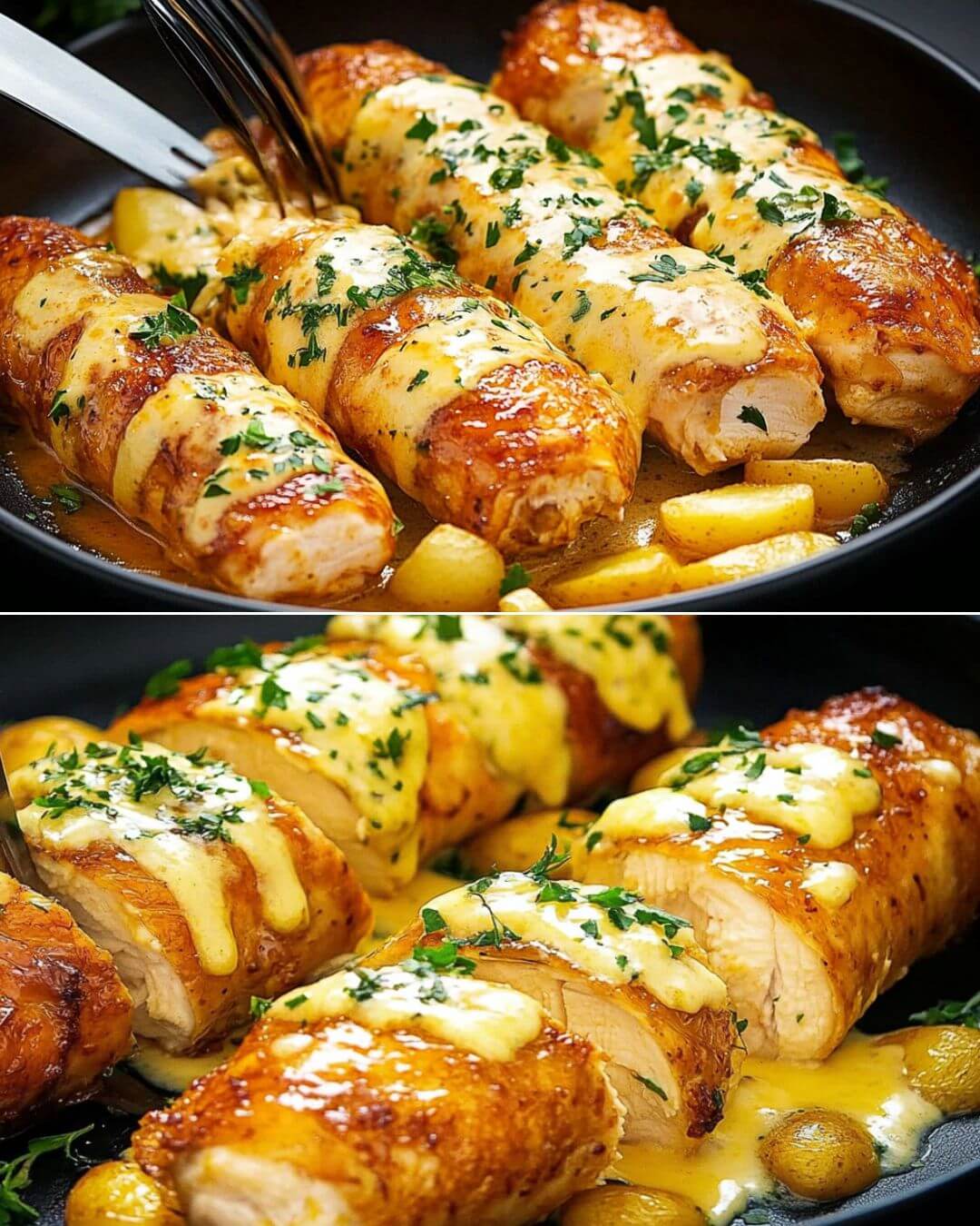 # Chicken Roulade with Creamy Filling and Roasted Potatoes ## A Modern Take on Classic Comfort Food Discover an elegant yet approachable dish that transforms ordinary chicken breast into a show-stopping dinner. This chicken roulade, filled with a rich quark cheese mixture and wrapped in tender cabbage leaves, represents a perfect fusion of European cooking techniques with modern presentation. The dish originated in French cuisine but has been adapted to incorporate accessible ingredients while maintaining its sophisticated appeal. Served alongside perfectly seasoned roasted potatoes and a fresh vegetable salad, this recipe offers a complete dining experience that's both impressive and achievable. ## Ingredients ### For the Chicken Roulade: * 2 chicken breasts (approximately 450g/1 lb) * 100g (3.5 oz) quark cheese * 1 hard-boiled egg * 1 boiled carrot * 1 pickled cucumber * 2 tablespoons (30ml) sour cream * 30g (1 oz) cheese, grated * Large cabbage leaves for wrapping * Salt and black pepper to taste * 1 teaspoon dried oregano * 1 teaspoon sweet paprika * 1 teaspoon dried garlic powder ### For the Roasted Potatoes: * 500g (1.1 lb) potatoes * 2 tablespoons (30ml) vegetable oil * 1 teaspoon dried basil * 1 teaspoon dried oregano * Salt and black pepper to taste * 1 teaspoon sweet paprika * 1 teaspoon dried garlic powder ### For the Fresh Salad: * 1/2 cucumber, sliced * 1 bell pepper, chopped * For the Dressing: * 1 tablespoon (15ml) mayonnaise * 1 tablespoon (15ml) sour cream * 1 teaspoon (5ml) mustard * Fresh lemon juice to taste * Salt and black pepper to taste ## Instructions ### Preparation Time: 45 minutes ### Cooking Time: 30-35 minutes ### Total Time: 1 hour 15 minutes 1. Preheat the oven to 180°C (350°F). 2. Prepare the filling: * Finely chop the boiled egg, carrot, and pickled cucumber * Mix with quark cheese, sour cream, and grated cheese * Season with salt and dried garlic * Set aside 3. Prepare the chicken: * Place chicken breasts between plastic wrap * Pound until approximately 1/4 inch thick * Season with salt, pepper, oregano, paprika, and garlic powder 4. Assemble the roulades: * Blanch cabbage leaves in boiling water until pliable * Place seasoned chicken on cabbage leaf * Spread filling mixture evenly * Roll tightly, securing with toothpicks if needed 5. Cook the roulades: * Place in preheated oven * Bake for 15-20 minutes until internal temperature reaches 165°F (74°C) 6. Meanwhile, prepare potatoes: * Cut potatoes into even-sized pieces * Toss with oil and seasonings * Roast at 200°C (400°F) for 30 minutes until golden ## Nutritional Information (per serving) * Calories: 485 * Protein: 38g * Carbohydrates: 42g * Fat: 22g * Fiber: 5g * Sodium: 680mg ## Pro Tips and Tricks * Pound chicken to even thickness for consistent cooking * Chill the filling before spreading for easier handling * Use a meat thermometer to ensure proper doneness * Let roulades rest for 5 minutes before slicing * Blanch cabbage leaves just until pliable to maintain structure ## Variations and Substitutions * Replace quark with cream cheese or ricotta * Use spinach leaves instead of cabbage * Substitute different herbs based on preference * Add different vegetables to the filling * Use sweet potatoes instead of regular potatoes ## Frequently Asked Questions **Can I make this ahead of time?** Yes, assemble up to 24 hours in advance and refrigerate until ready to bake. **How do I prevent the roulades from unrolling?** Secure with cooking twine or toothpicks, removing before serving. **Can I freeze these?** Yes, freeze uncooked roulades for up to 3 months, thaw completely before baking. **What sides pair well with this dish?** Besides the included potato and salad recipes, steamed vegetables or rice work well. ## Storage and Make-Ahead Tips * Store cooked roulades in an airtight container for up to 3 days * Reheat in oven at 160°C (320°F) for 15 minutes * Prepare filling up to 2 days in advance * Assemble roulades the day before cooking * Store leftover salad separately from dressing