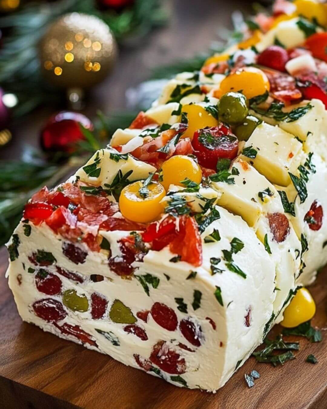 Festive Holiday Antipasto Cream Cheese Log