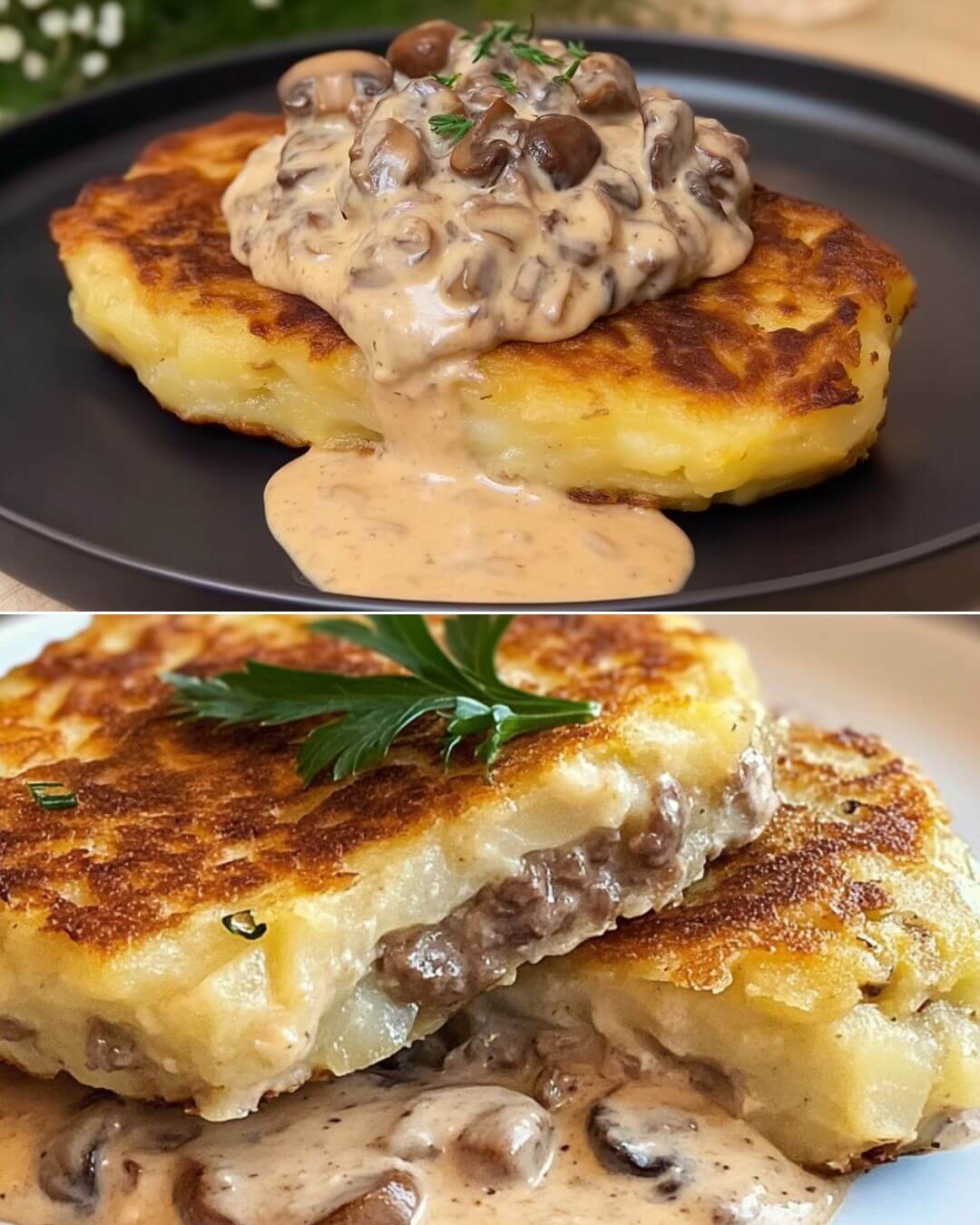 Gourmet Stuffed Potato Patties with Mushroom Cream Sauce