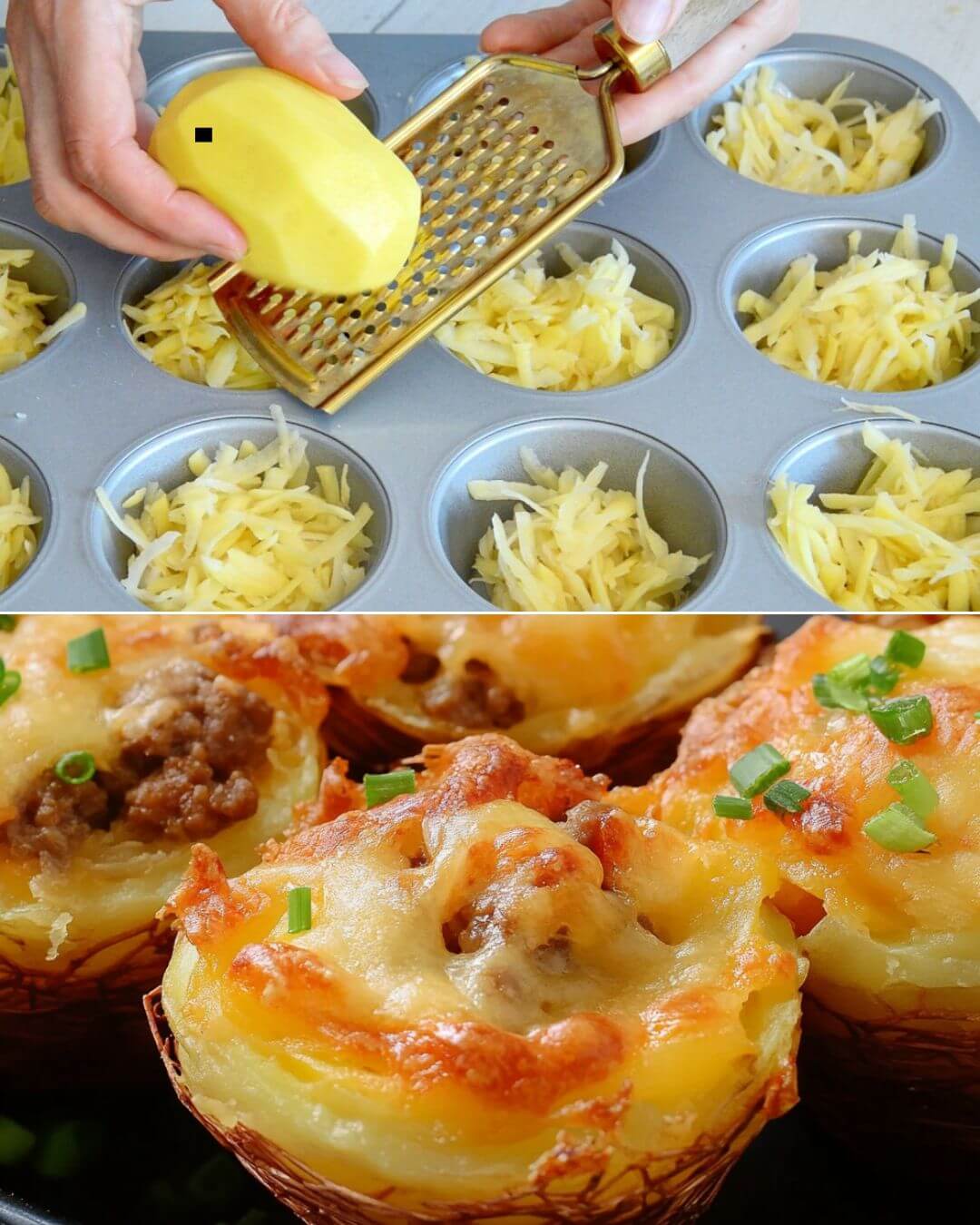 Cheesy Ground Beef Potato Nest Cups