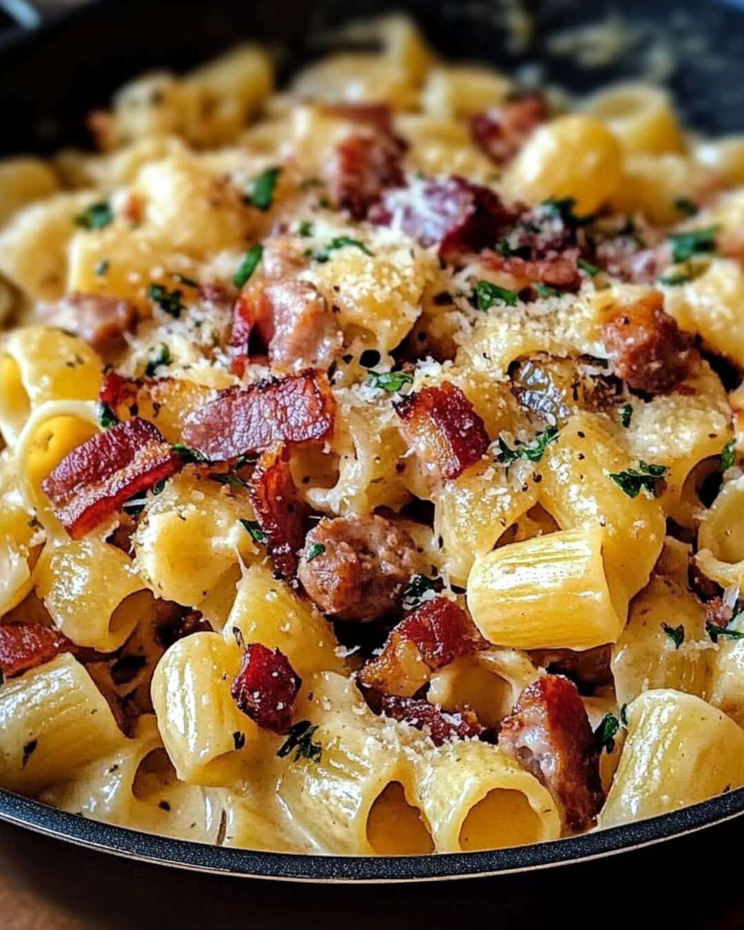 Quick One-Pan Creamy Pasta with Bacon and Smoked Sausage