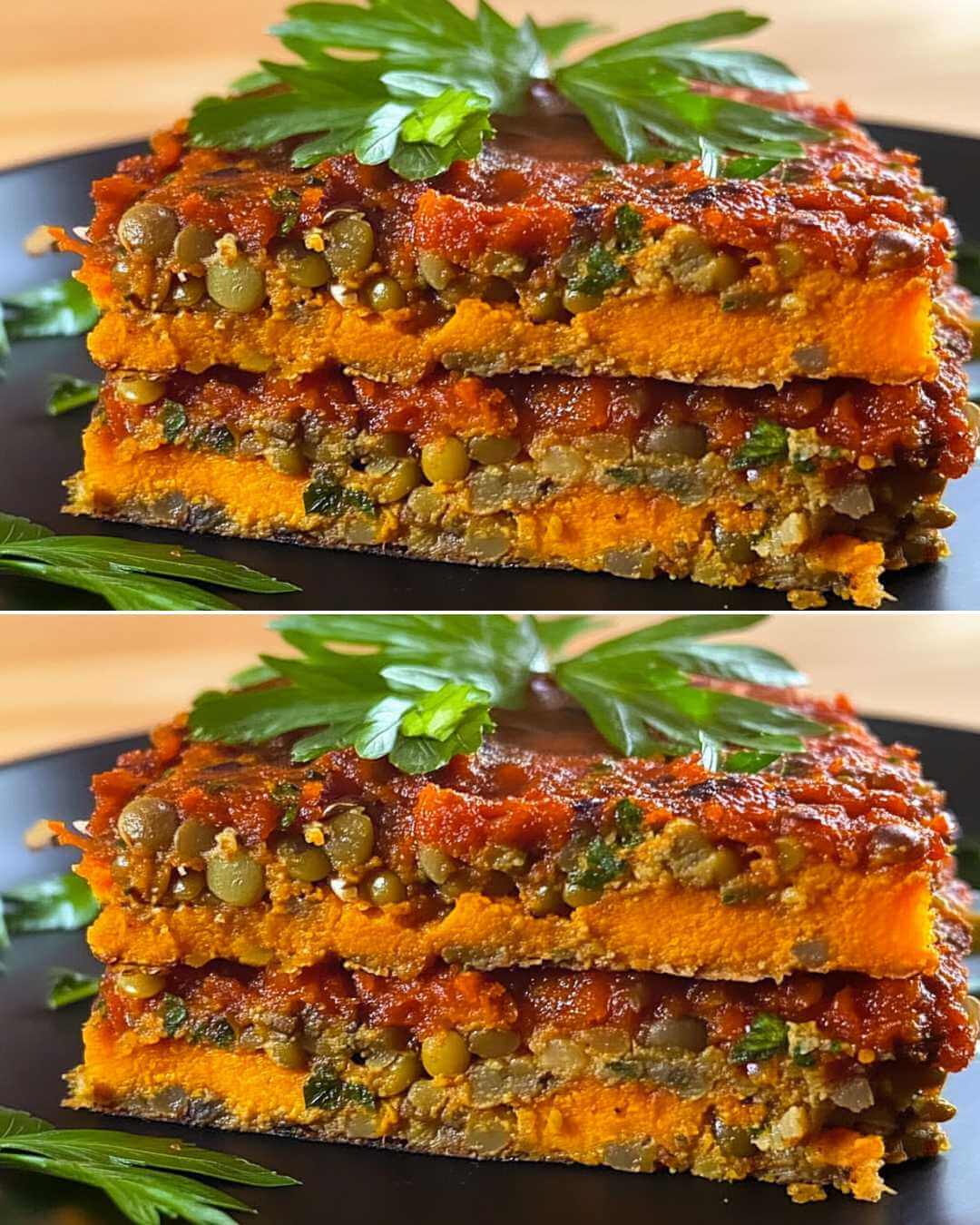 Layered Lentil Flatbread with Sweet Potato and Mediterranean Filling