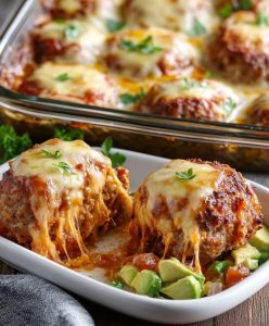 Cheesy Baked Meatballs with Garden Vegetables and Fresh Avocado Salad