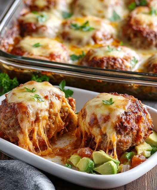 Cheesy Baked Meatballs with Garden Vegetables and Fresh Avocado Salad