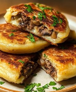 Golden Potato Dough Patties with Savory Meat and Mushroom Filling