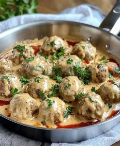 Meatballs in Creamy Mushroom Sauce with Mashed Potatoes