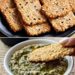 Savory Oatmeal Bagel Crisps with Roasted Eggplant Dip