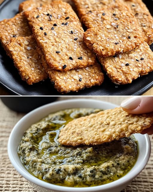 Savory Oatmeal Bagel Crisps with Roasted Eggplant Dip