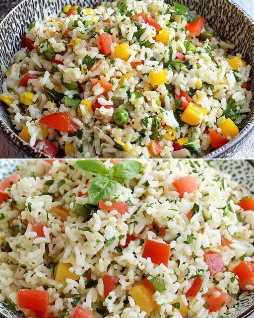 Vibrant Vegetarian Rice Salad with Homemade Basil Pesto