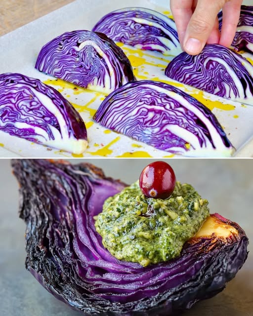 Roasted Purple Cabbage with Swiss Chard Walnut Pesto