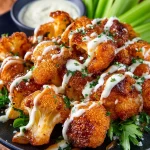 Delicious vegan cauliflower wings served with spicy sauce and fresh veggies.