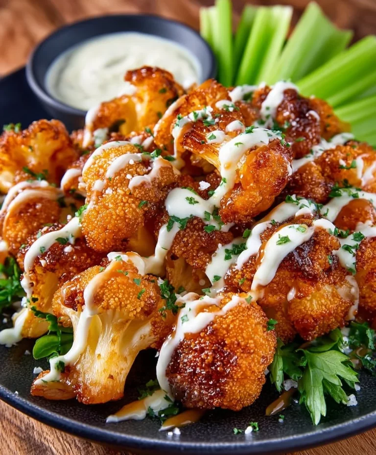Delicious vegan cauliflower wings served with spicy sauce and fresh veggies.