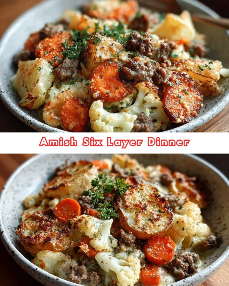 Amish Six Layer Dinner showcasing layers of delicious ingredients in a serving dish