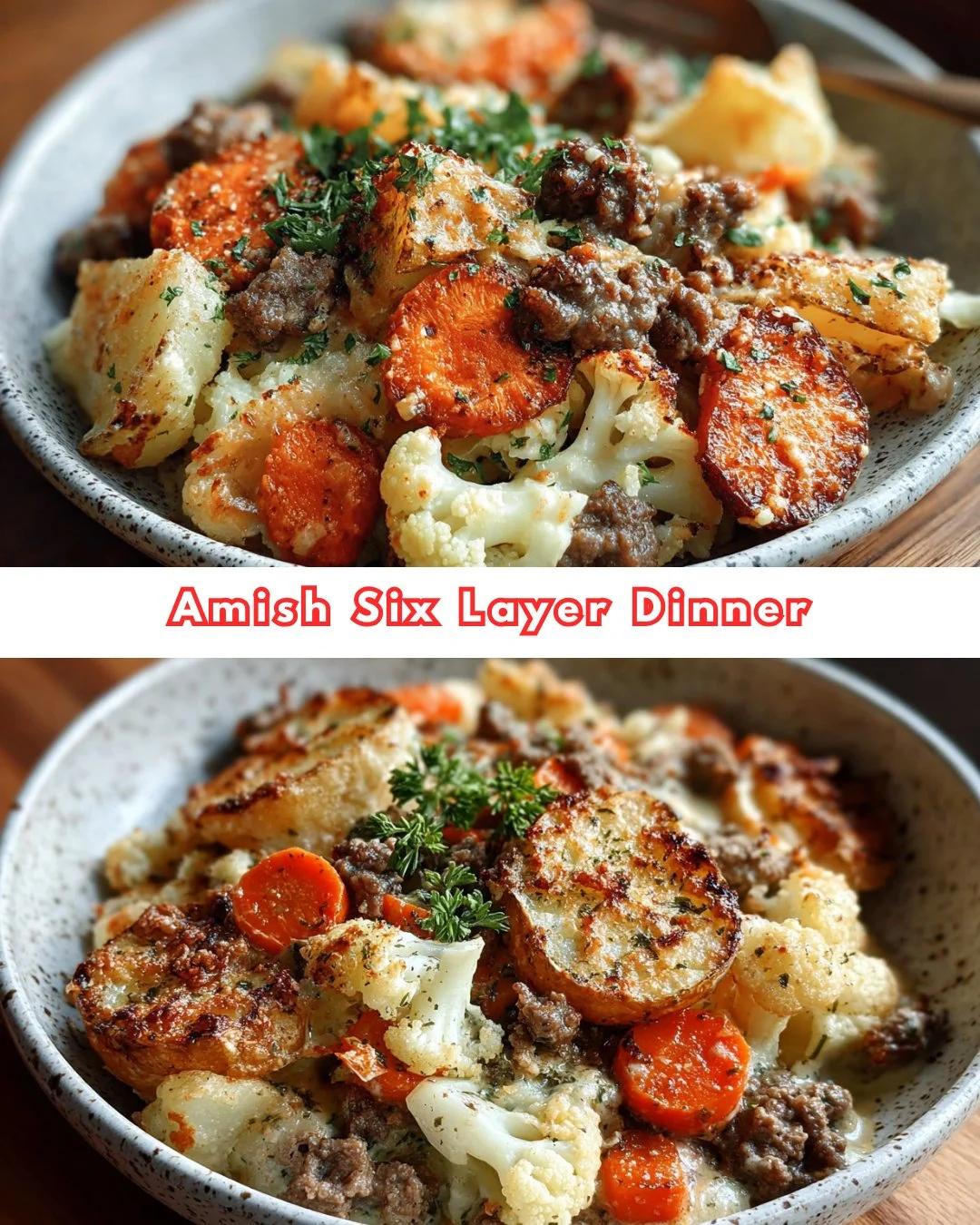 Amish Six Layer Dinner showcasing layers of delicious ingredients in a serving dish