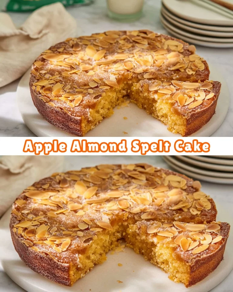 Slice of Apple Almond Spelt Cake with almonds and apples on top