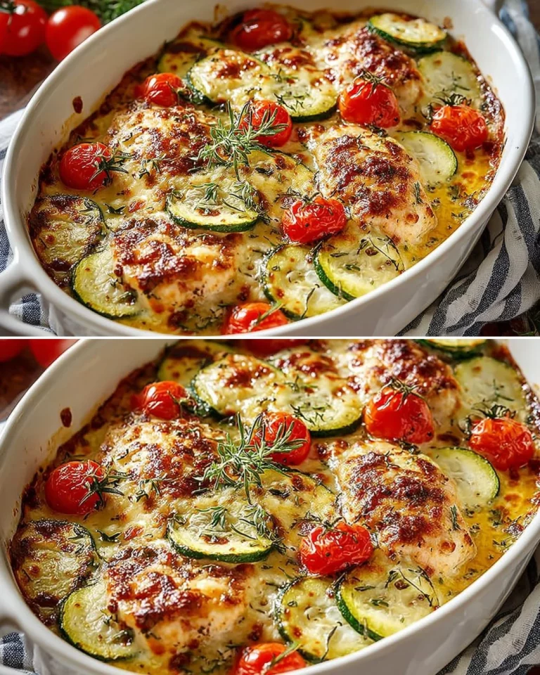 Baked zucchini and chicken with feta served on a plate