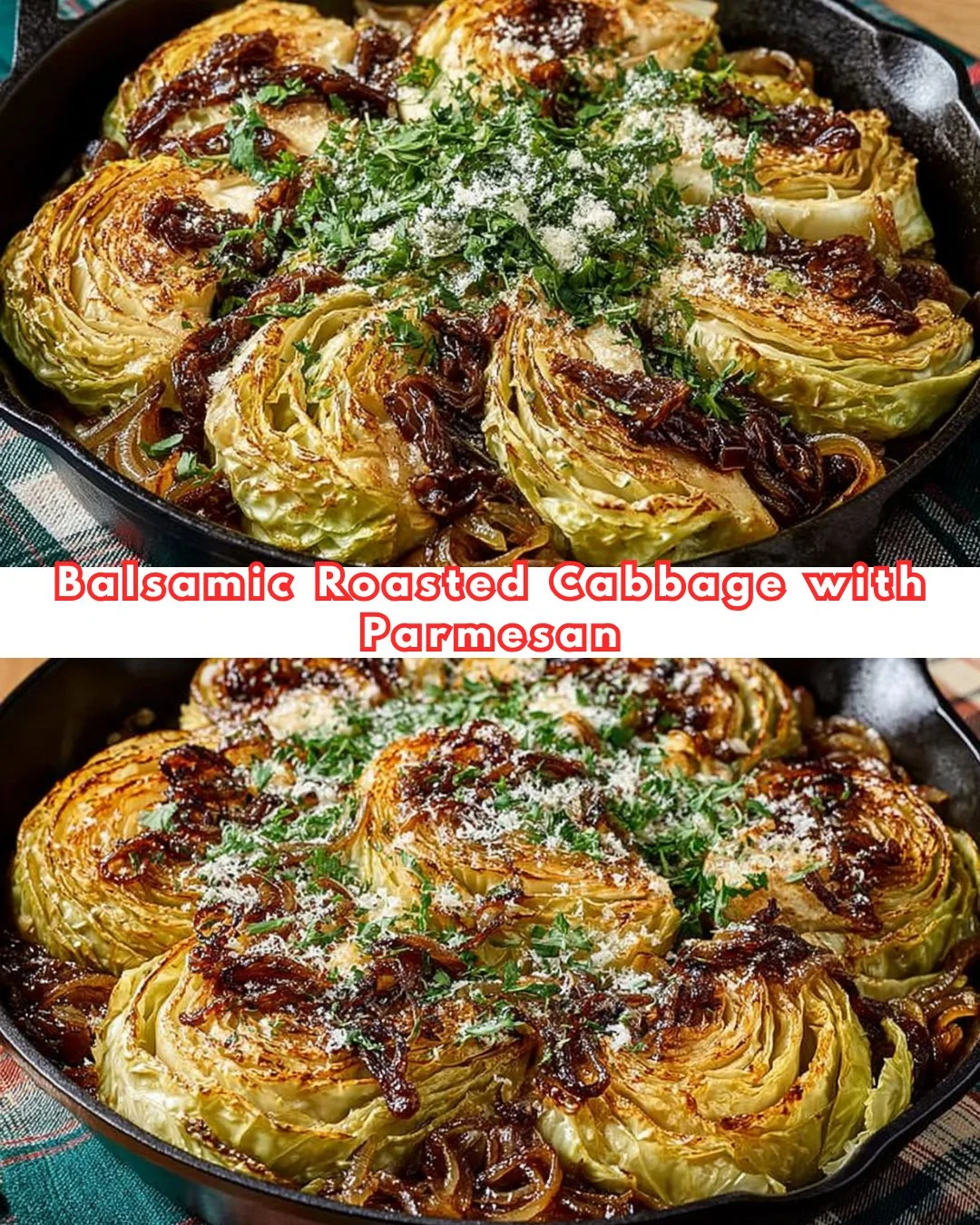Balsamic roasted cabbage topped with parmesan cheese on a plate