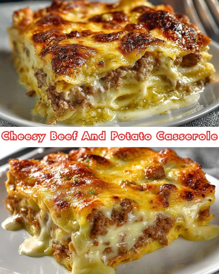 Delicious cheesy beef and potato casserole served in a baking dish