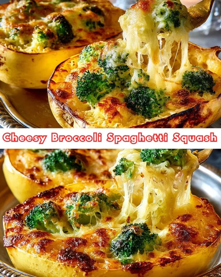 Bowl of cheesy broccoli spaghetti squash with melted cheese and herbs