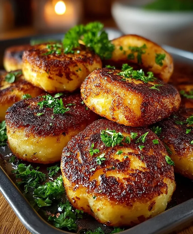 Cheesy mashed potato cakes garnished with herbs on a plate