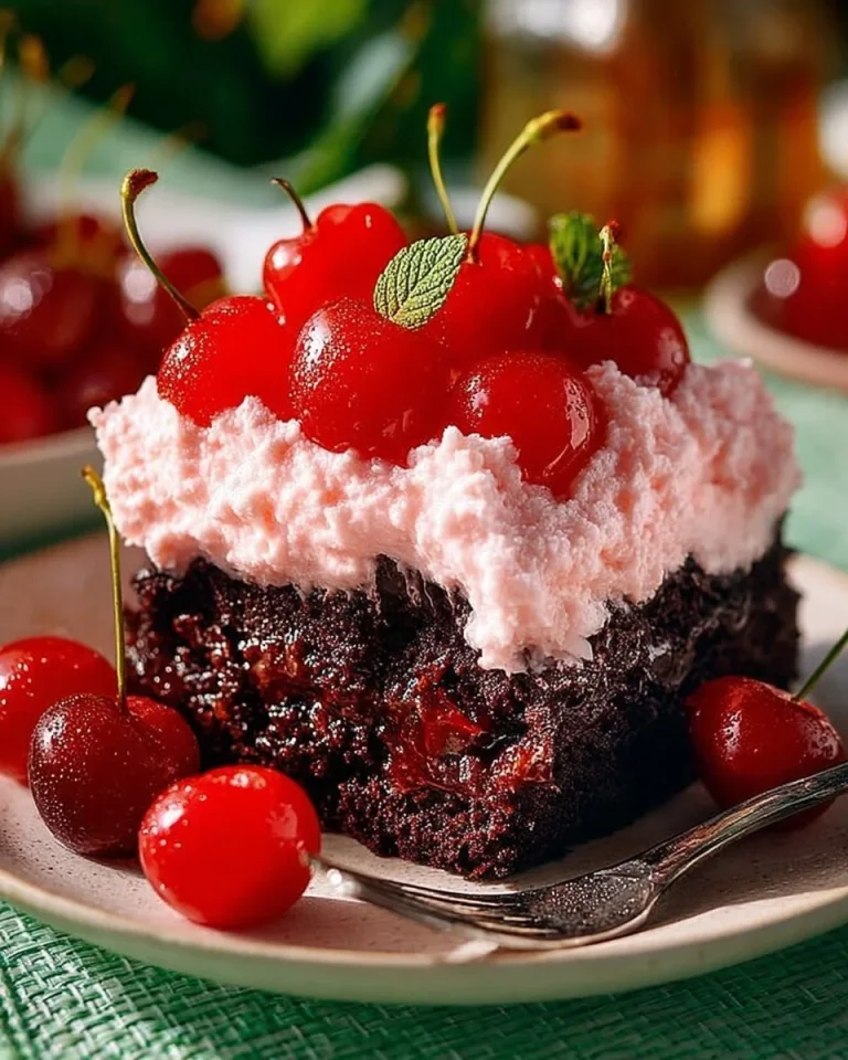 Delicious Cherry Dr Pepper Cake topped with cherries and frosting