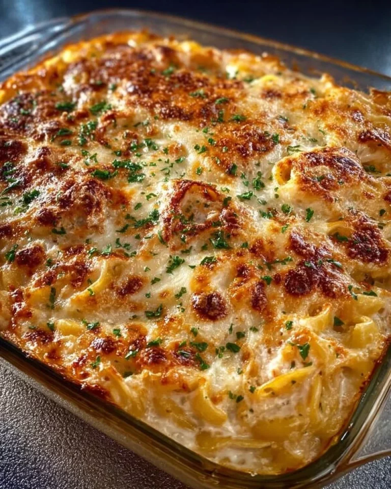 Delicious Chicken Spaghetti Casserole served in a baking dish