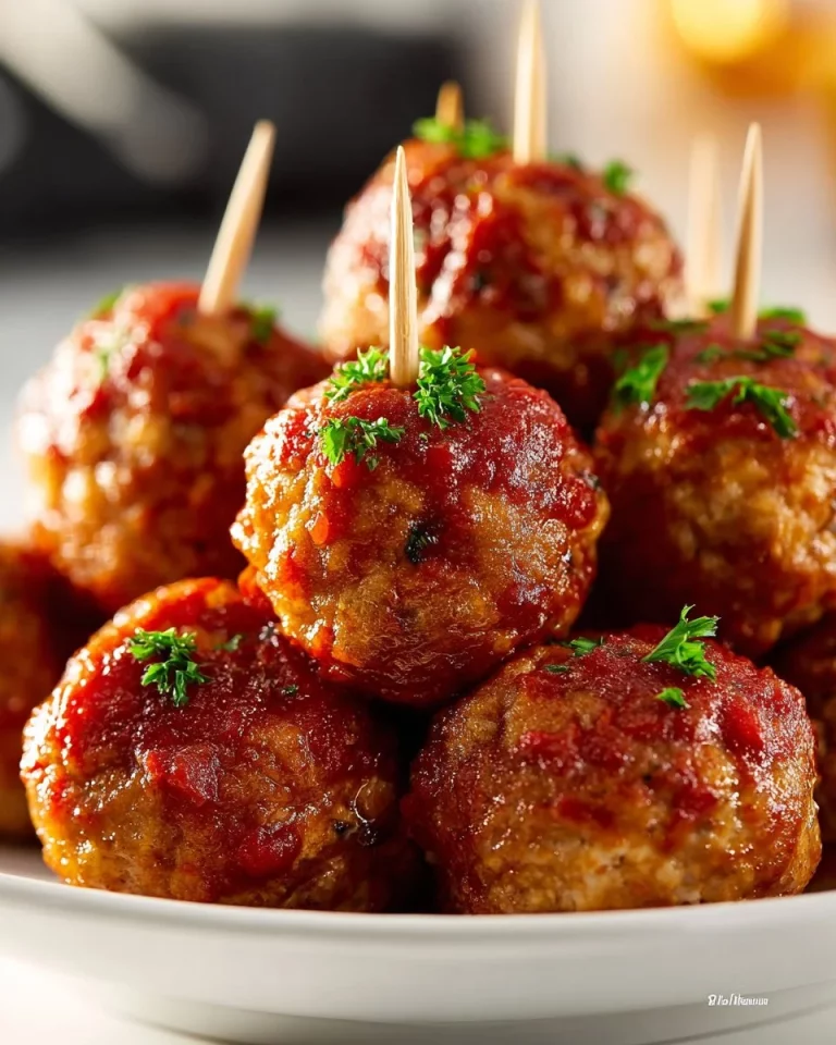 Chickpea balls in marinara sauce on a plate, garnished with fresh herbs.