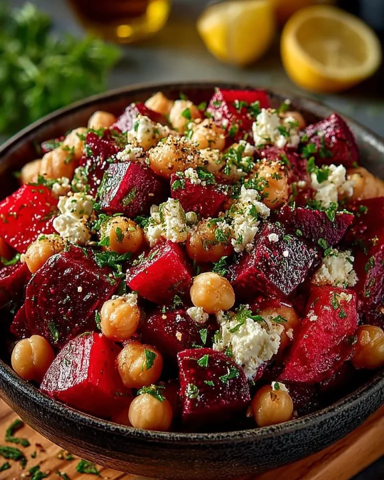 Chickpea Beet Feta Salad with fresh vegetables and a colorful presentation