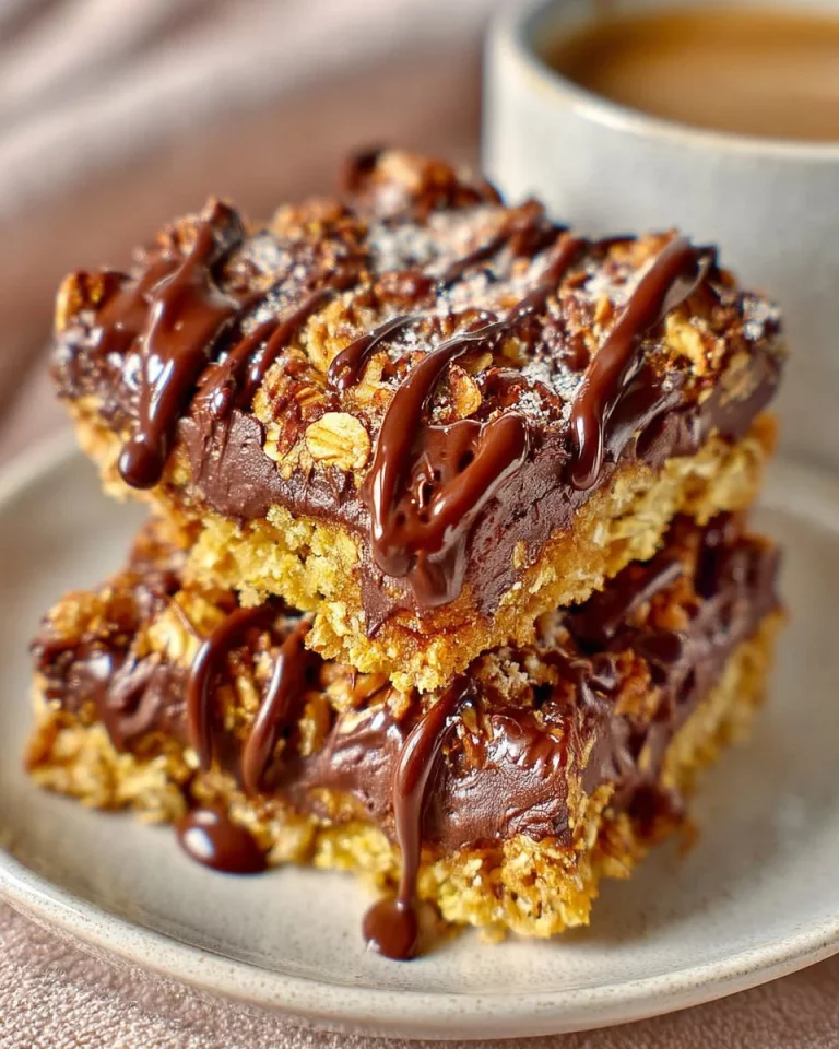 Delicious chocolate peanut butter oat bars stacked on a wooden table.