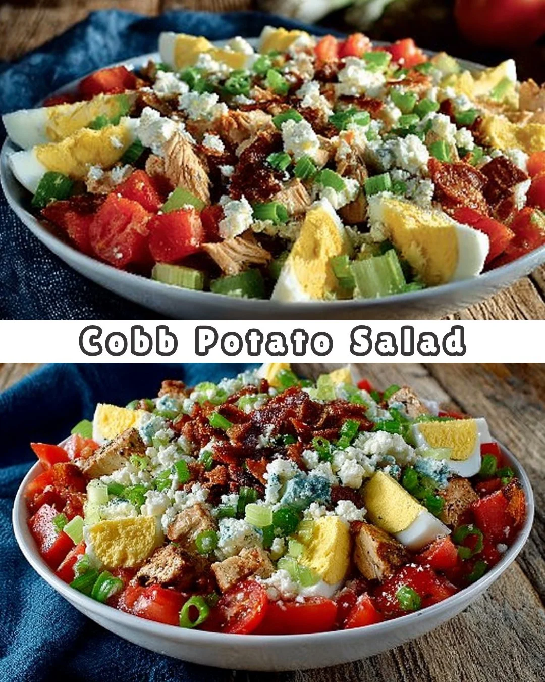 Delicious Cobb Potato Salad with bacon, eggs, and avocado served in a bowl.