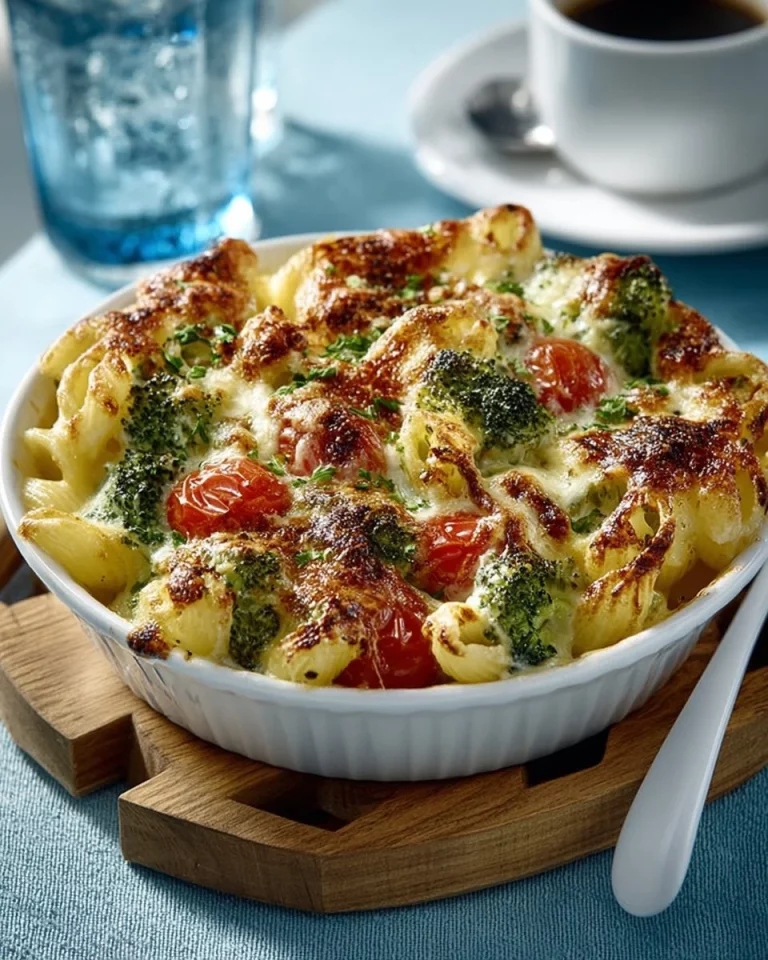Creamy chicken and broccoli pasta bake served in a glass dish with melted cheese on top.
