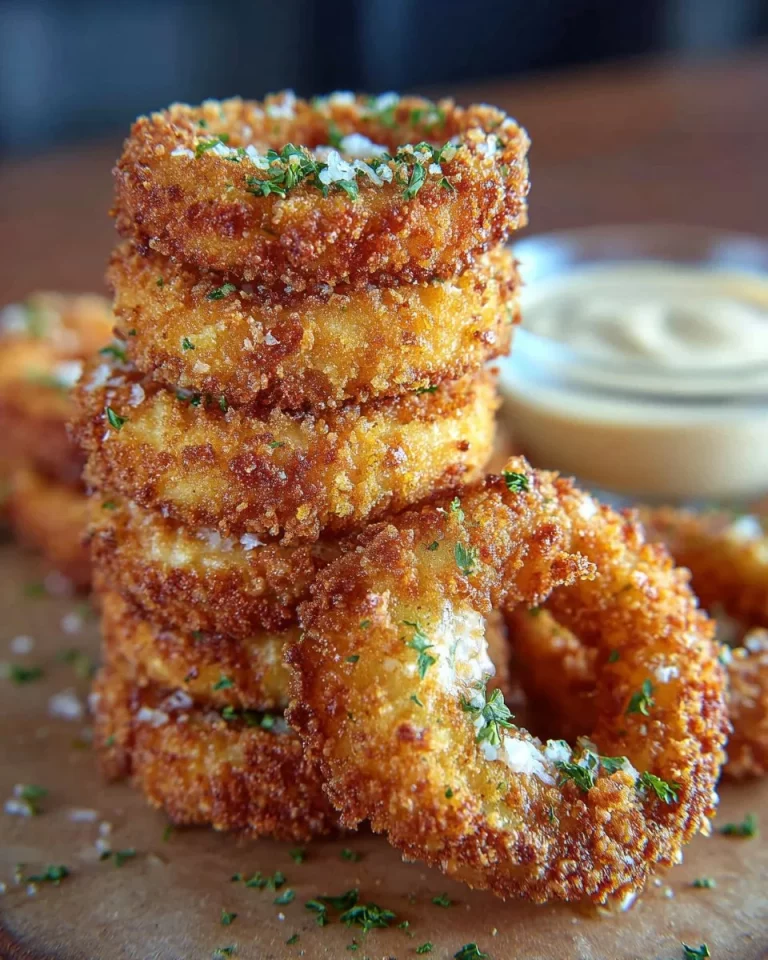 Crispy Parmesan onion rings served with dipping sauce on a plate