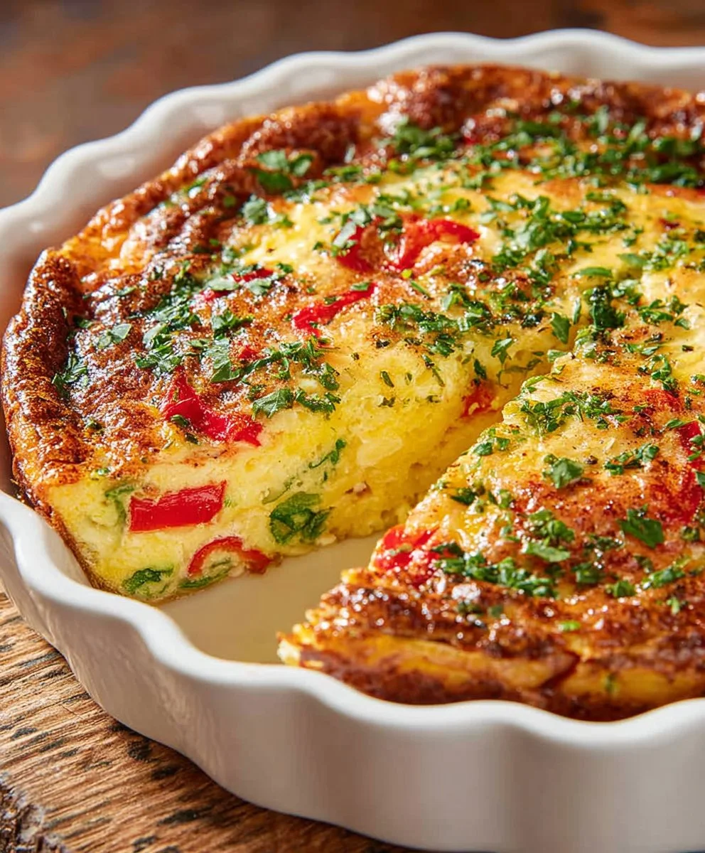 Delicious crustless zucchini quiche served on a plate with fresh herbs