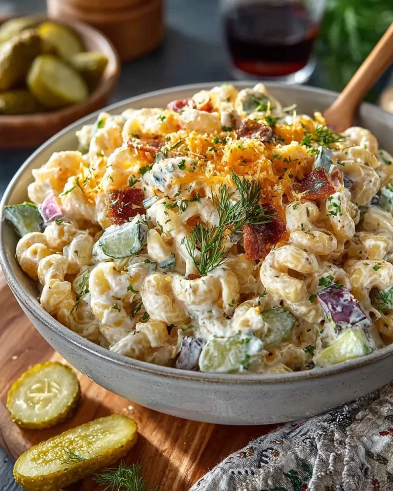 Serving of Dill Pickle Pasta Salad in a bowl with fresh ingredients