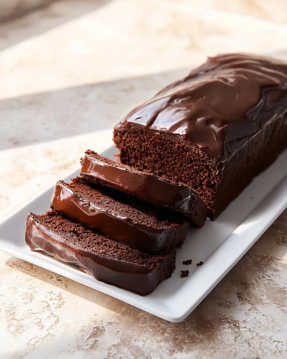 Slice of easy chocolate pound cake on a plate with a fork