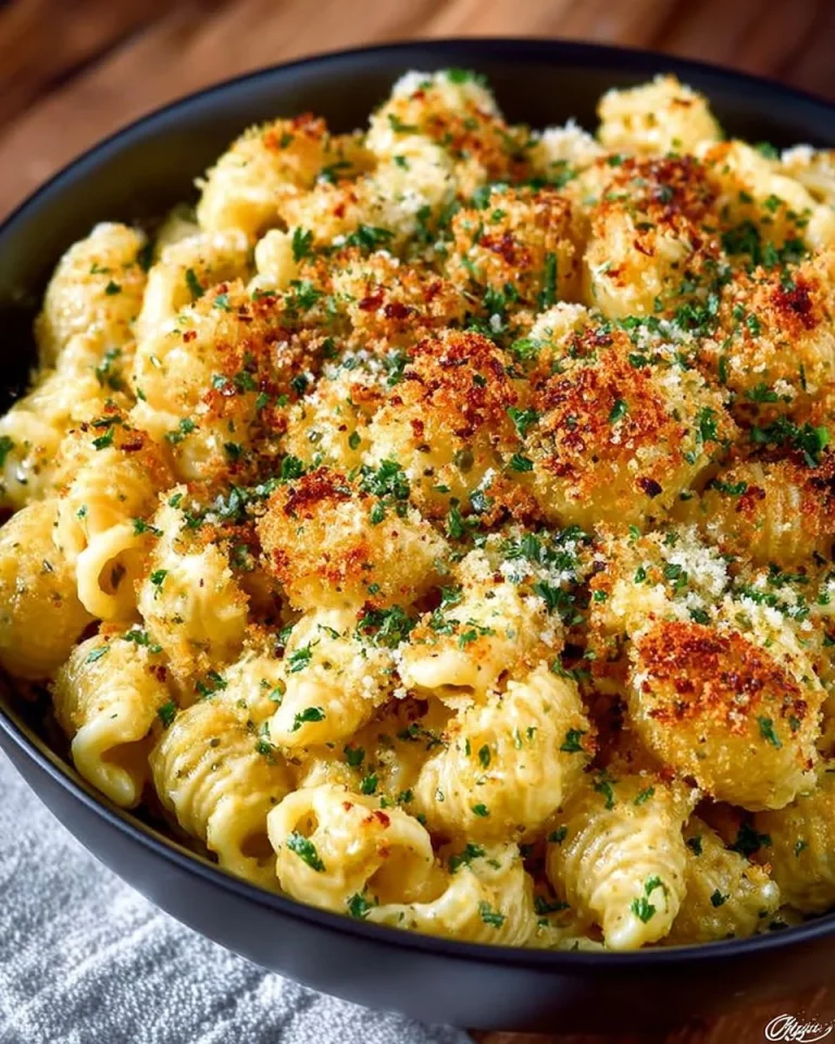 Bowl of easy vegan mac and cheese topped with herbs and spices