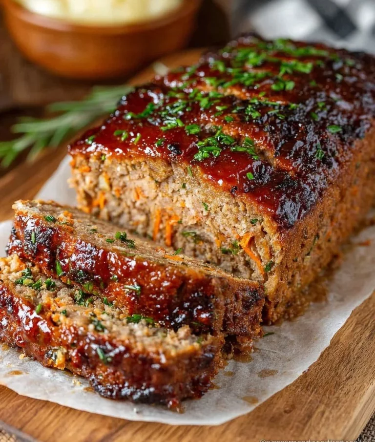 A slice of healthy meatloaf served with vegetables on a plate.