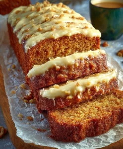 Healthy vegan carrot cake loaf with walnuts and carrots on a wooden table.