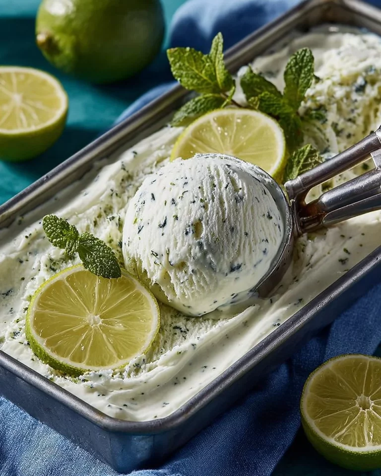A delicious scoop of Mojito Ice Cream garnished with mint leaves and lime slices.