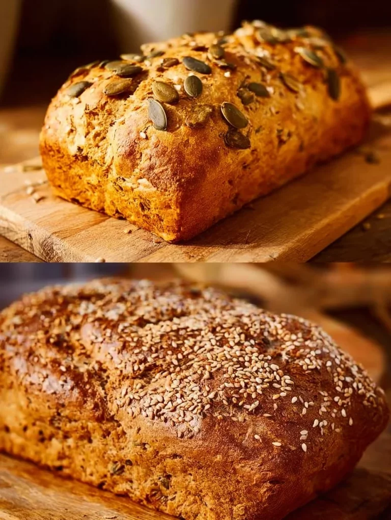 Loaf of oatmeal bread with nuts on a wooden cutting board